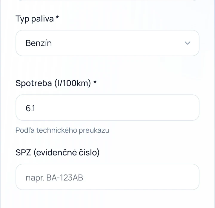 Formulár nového vozidla: benzín, spotreba 6,1 l/100 km podľa technického preukazu